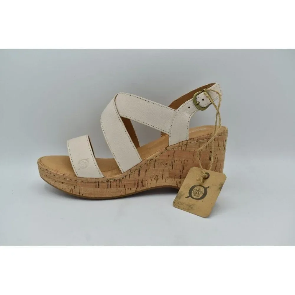 Born Womens Size 11 Lanai White Bone Full Grain Leather Wedge‎ Sandals Shoes